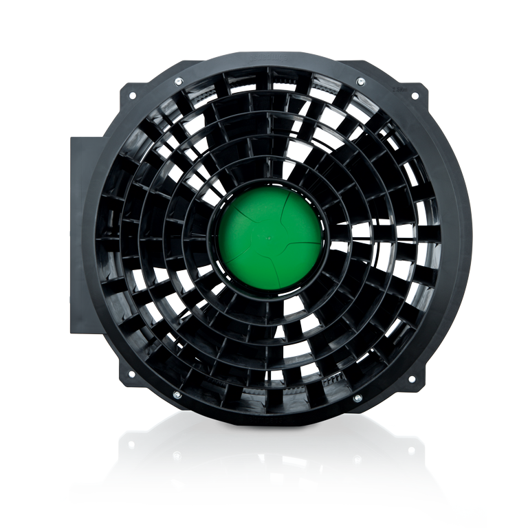 AxiBlade fan with central, green cirlcle, frontal view, with reflection