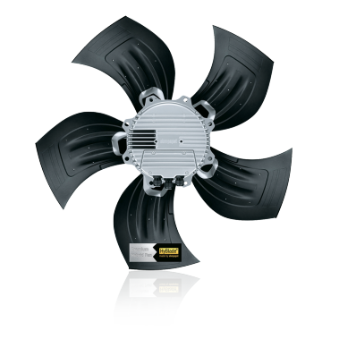 HyBlade fan with huge motor in image center, applied with five black blades, frontalview