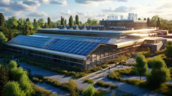 Modern company building with solar panels