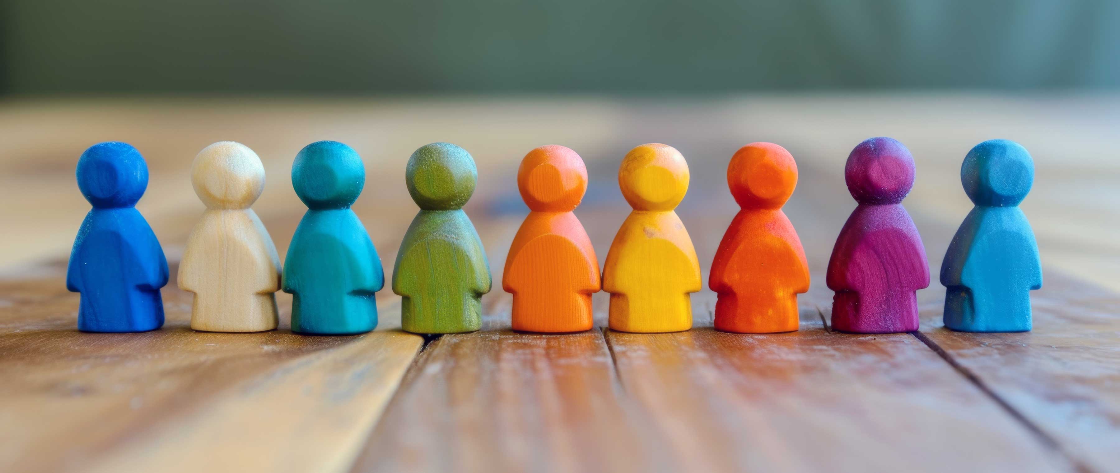 A row of wooden colorful figures against a blurred indoor background, symbolizing unity in diversity