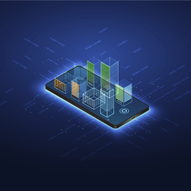 Smartphone with building shapes coming out of screen