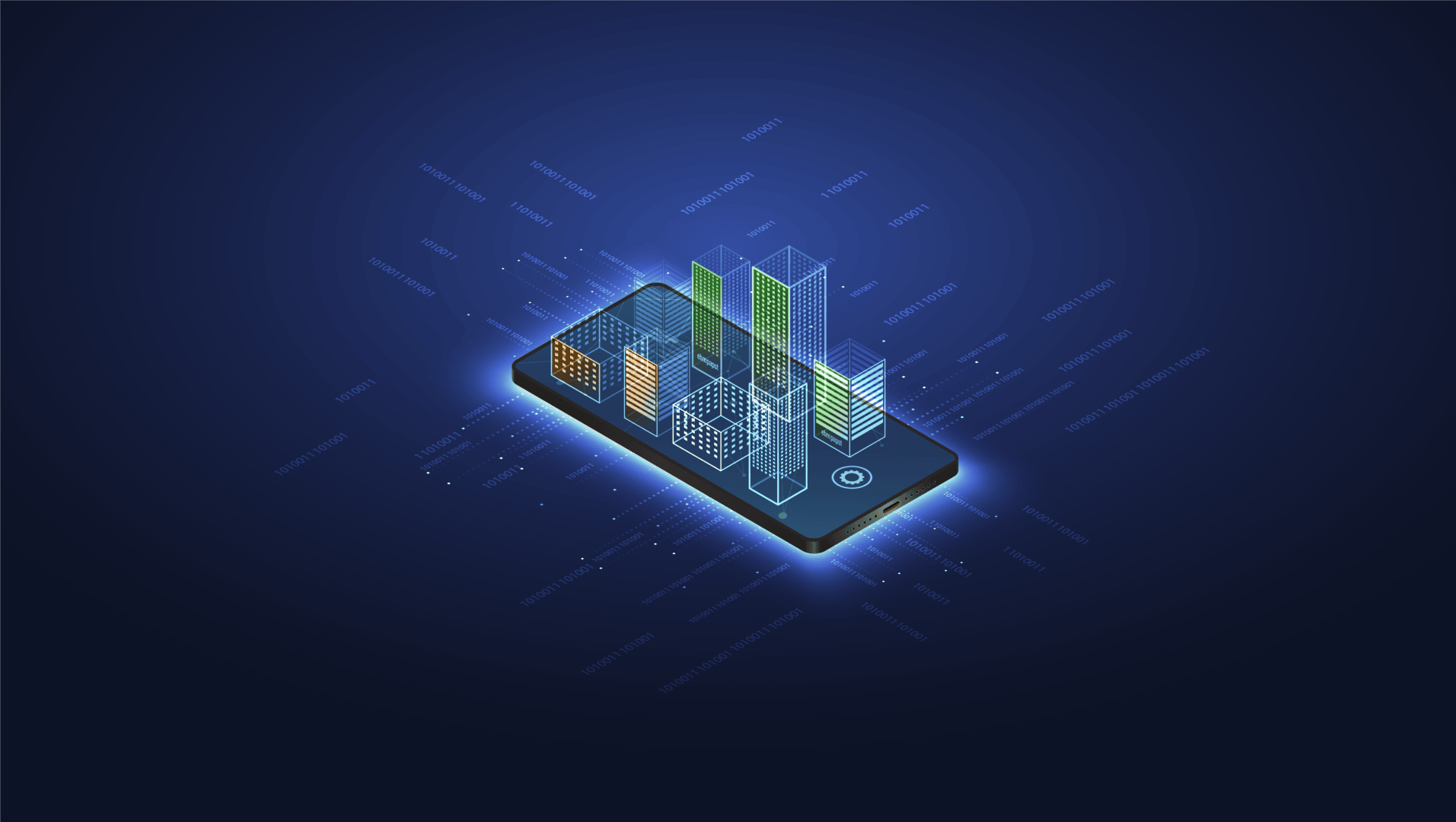 Smartphone with building shapes coming out of screen