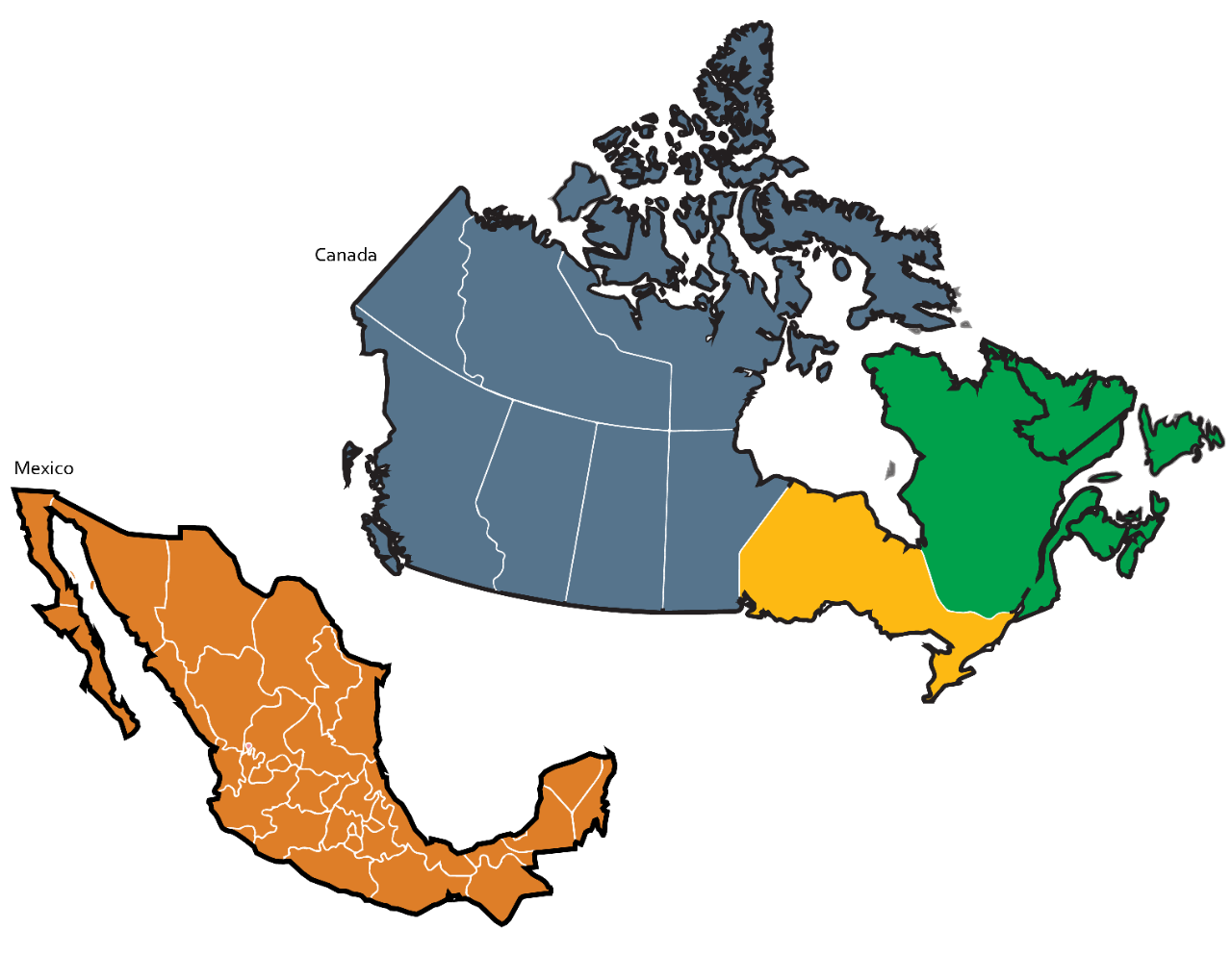 Sales territory maps, sales managers in Canada and Mexico